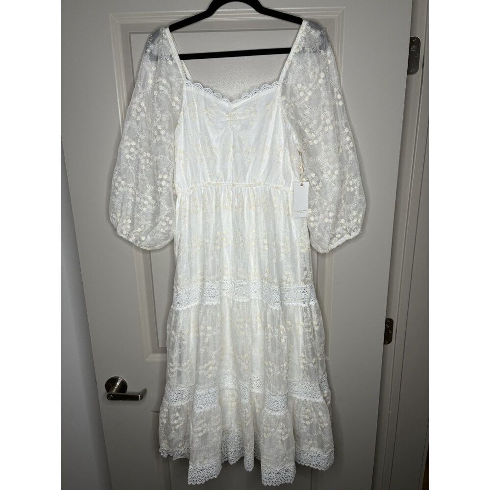 A Collective Story Nwt Tiered Midi White Dress Embroidered Floral Medium Bridal